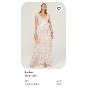 Sau Lee Floral Tiered Ruffle Maxi Gown Pink Cream V-Neck Dress US 2